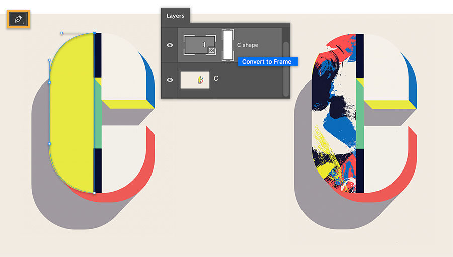 Custom shape frame selection made by Pen tool, before/after of letter with custom frame and frame filled with new texture