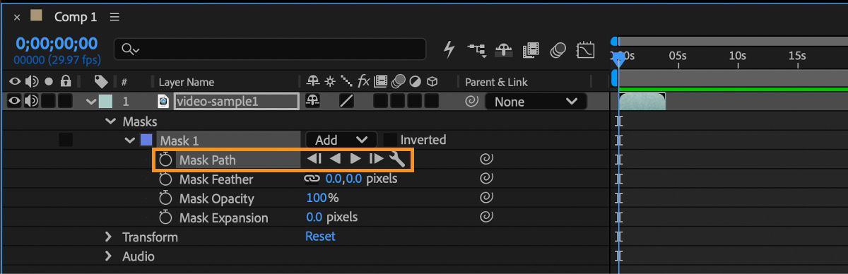 The After Effects Timeline panel showing Mask Path selected under Mask 1, with the mask tracking playback controls highlighted in the properties row.
