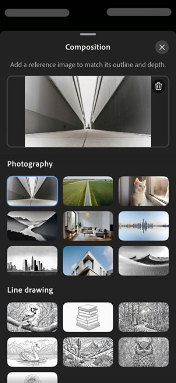 The Composition section is open, an image option in the Photography section highlighted and added for reference.