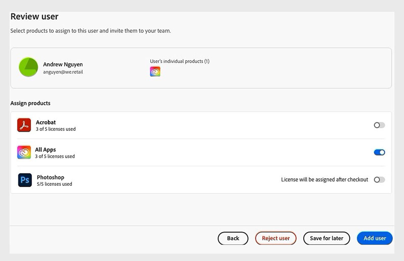 Review user with corresponding product licenses