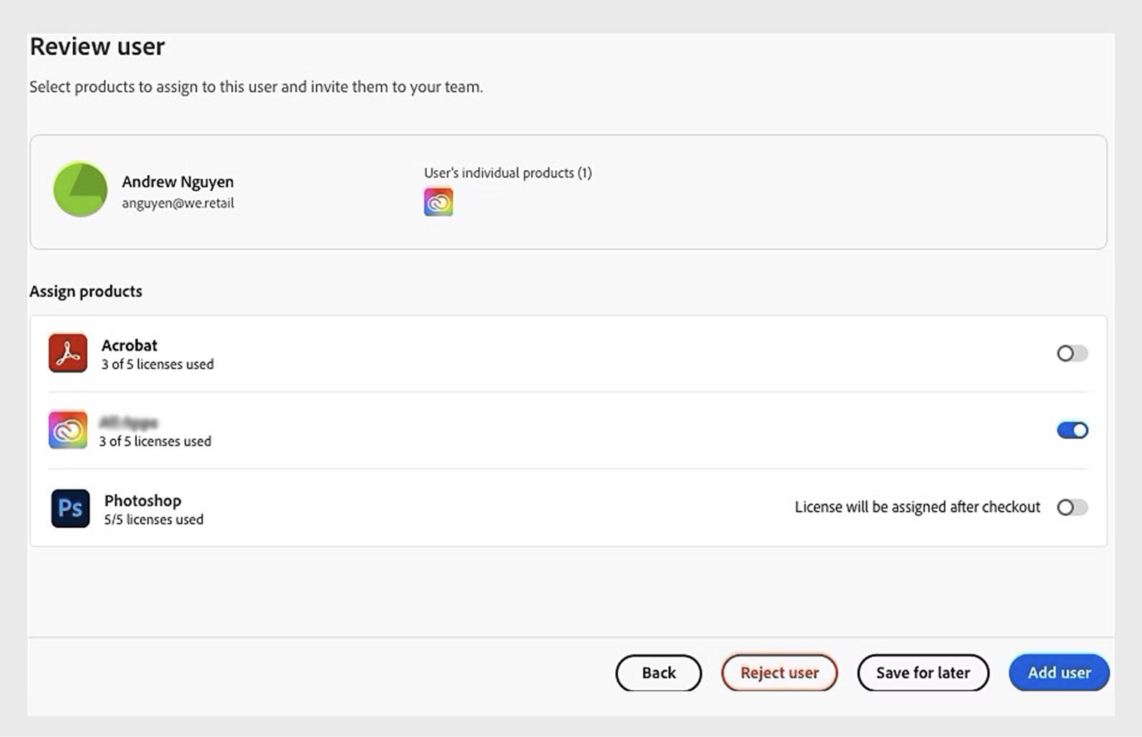 Review user with corresponding product licenses