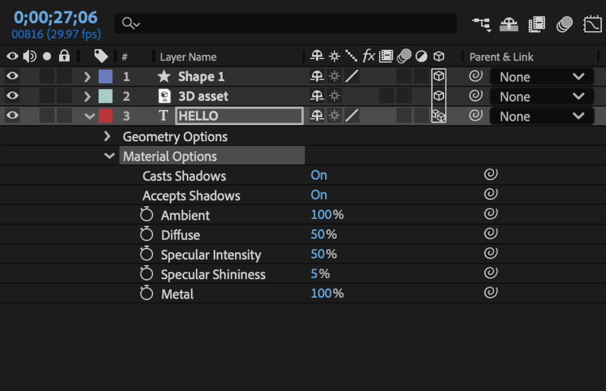 Material Options enabled for a text layer and options expanded to work with Shadows, Ambient, Diffuse, Specular Intensity, Specular Shininess, and Metal.
