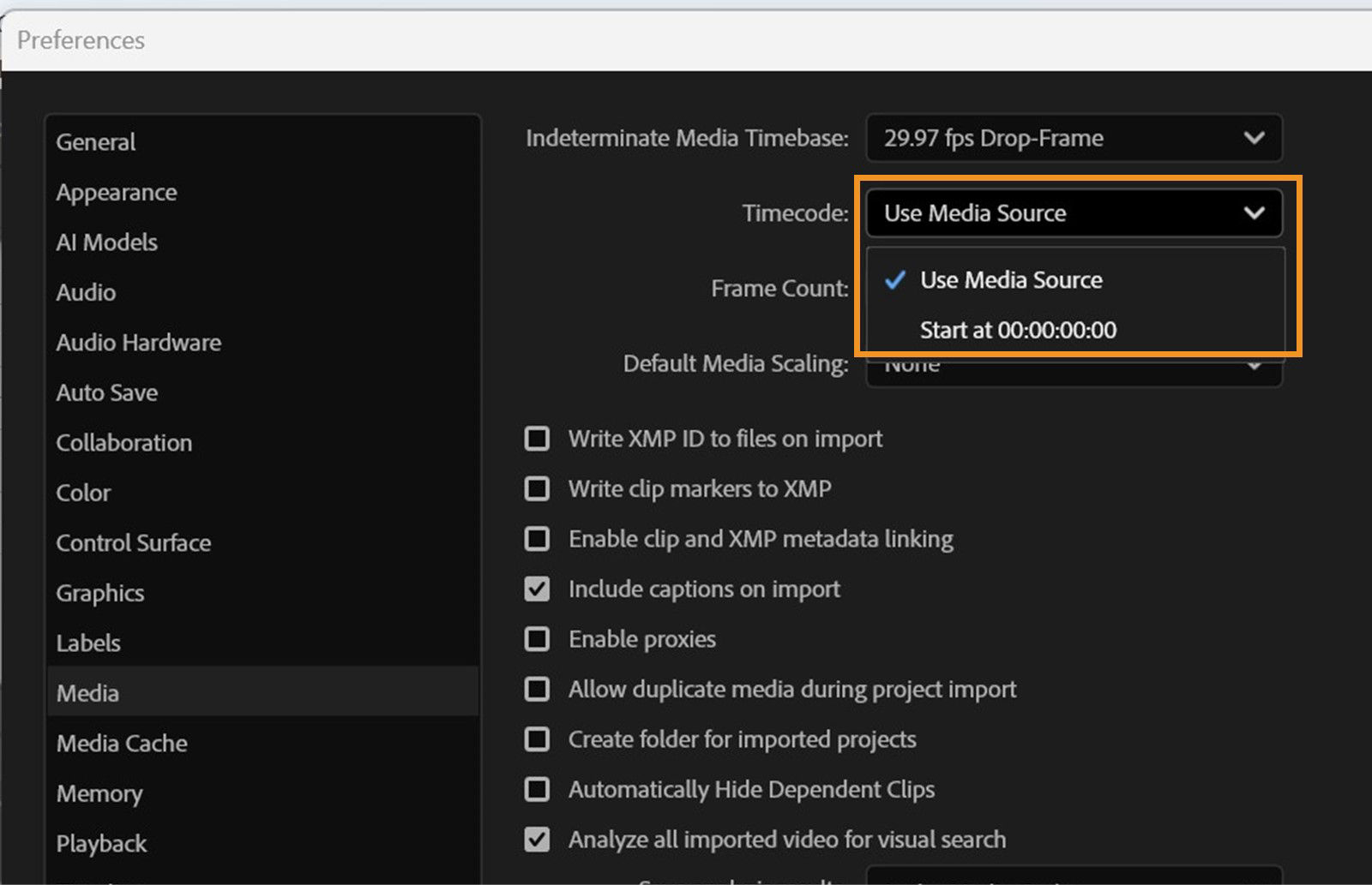 The Preferences dialog is open and in the Media panel, Timecode field, the option Use Media Source is selected..