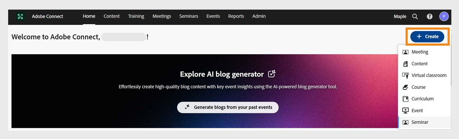Create a new meeting from the Adobe Connect Central home page