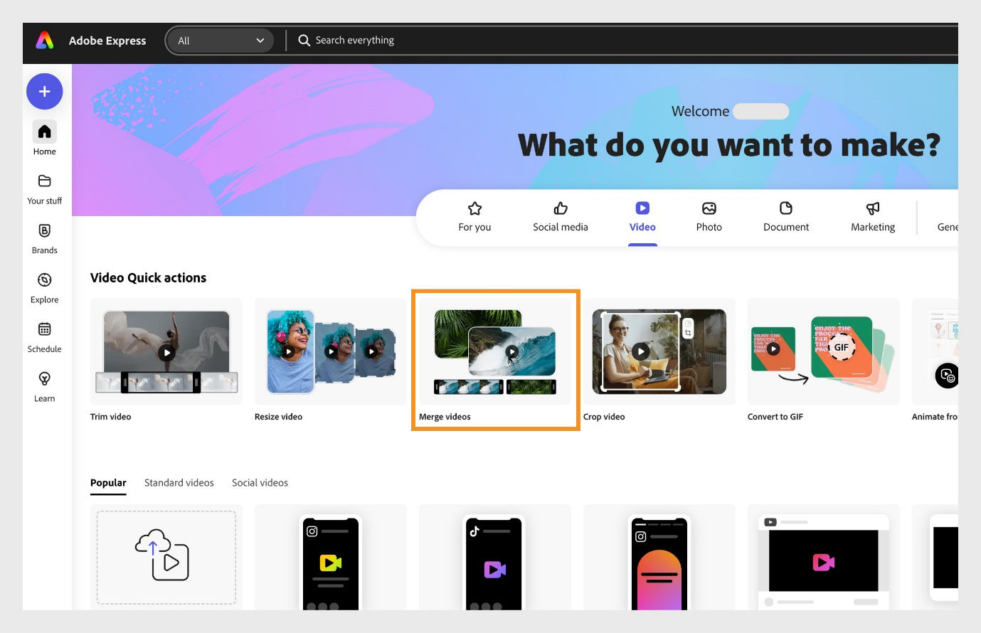 Adobe Express homepage displaying the selected Video tab, with the 'Merge videos' Quick Action highlighted.||merge-videos-express