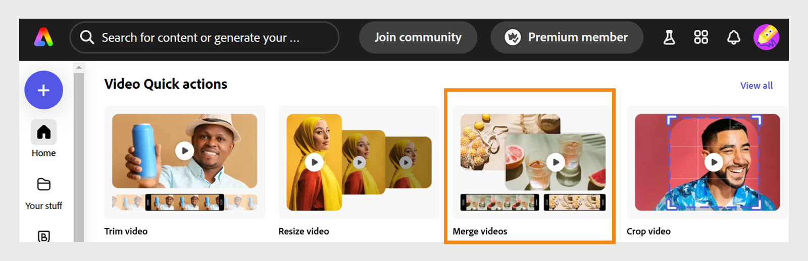 Adobe Express homepage displaying the selected Video tab, with the 'Merge videos' Quick Action highlighted.||merge-videos-express