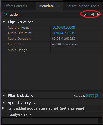 After search, only properties with search string appear. In Adobe Premiere Pro, Previous and Next buttons navigate through search results.