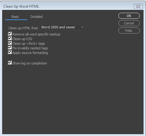 Opciones de limpieza HTML de Microsoft Word