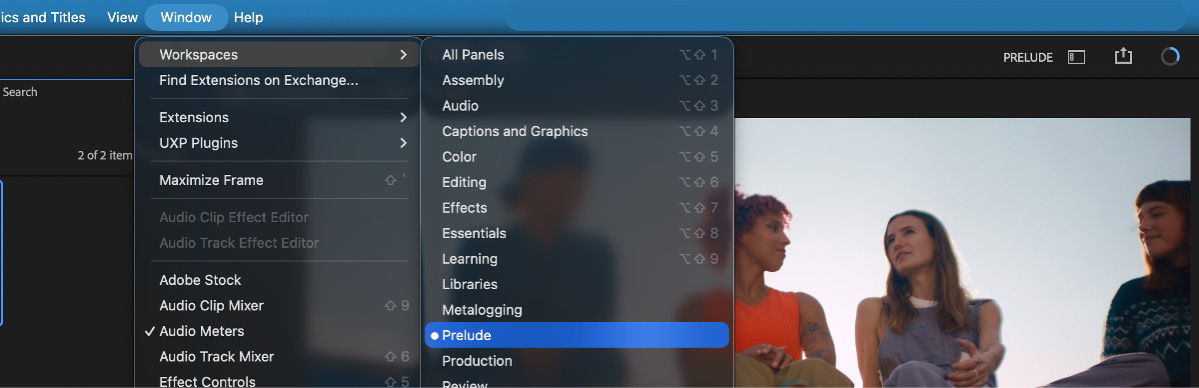 Window > Workspaces menu with Prelude workspace selected among Assembly, Audio, Editing, and other options.
