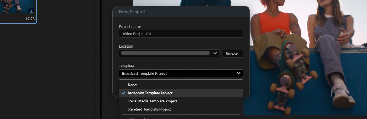 New Project dialog with Template dropdown open, Broadcast Template Project selected among None, Social Media, and Standard options.