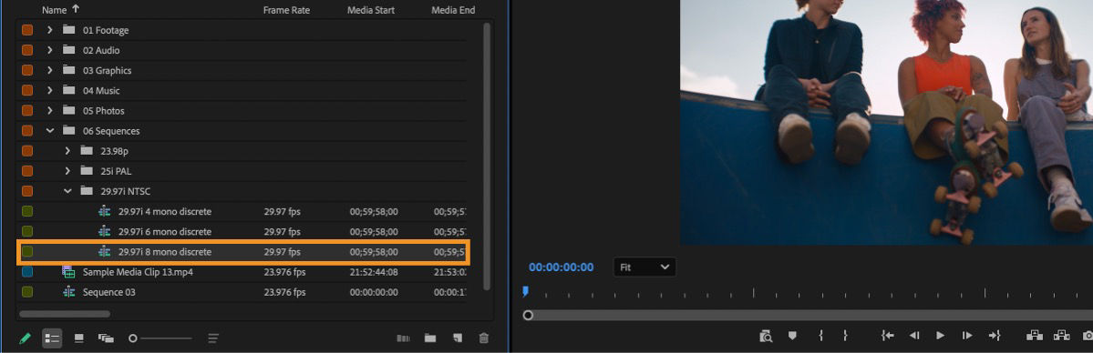 Project panel with folder structure from Prelude (Footage, Audio, Graphics, Music, Photos, Sequences) intact, a sequence item highlighted.