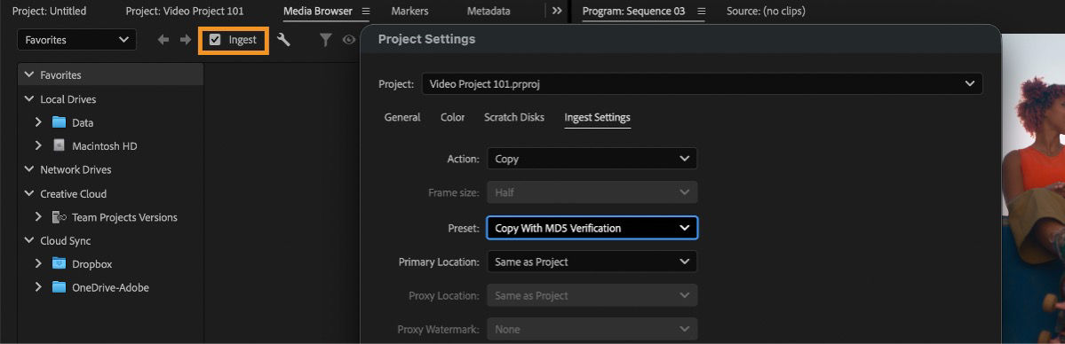 Media Browser with Ingest enabled, and Project Settings showing Ingest Settings with Action set to Copy and preset Copy With MD5 Verification.