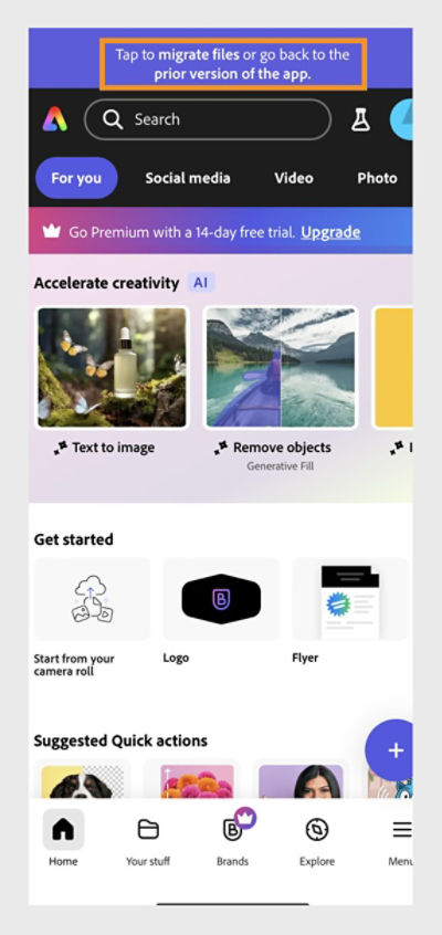 Home screen of Adobe Express showing the option to select a banner on the top of the screen to migrate all the files from prior version of Adobe Express to the new Adobe Express mobile app.
