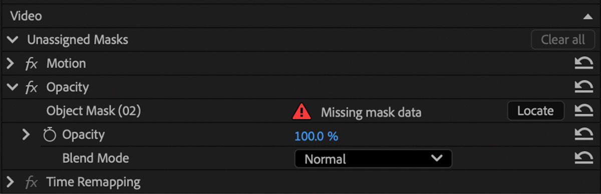 Effect Controls panel showing an object mask marked Missing mask data with a Locate button.