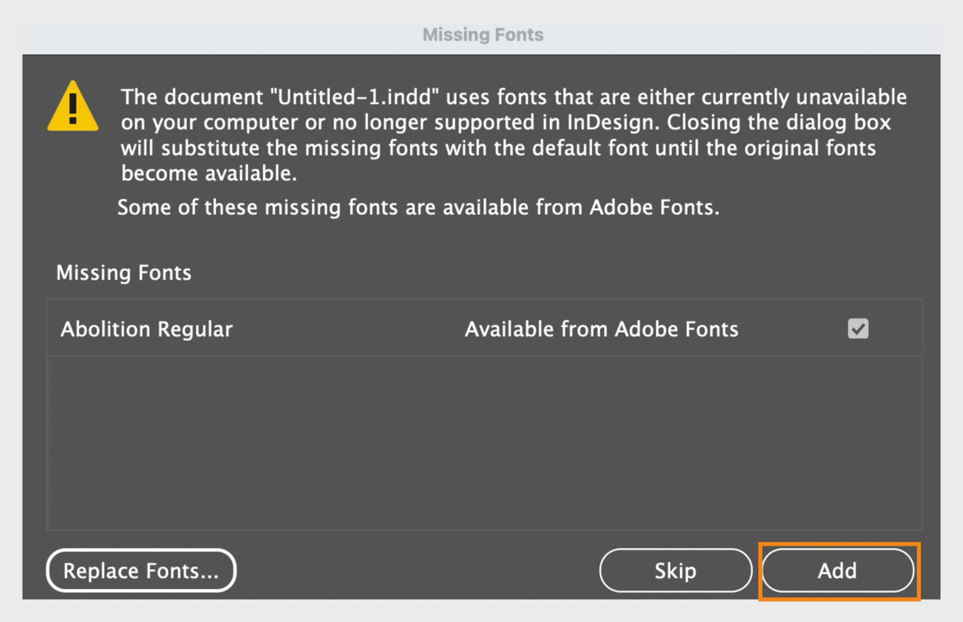 Adobe InDesign Missing Fonts dialog box displaying a warning that the document uses fonts currently unavailable on the computer. 