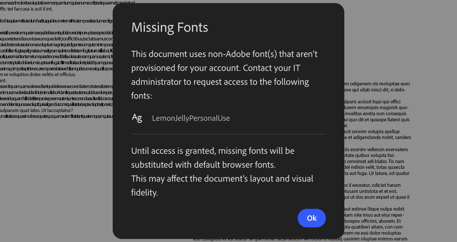 Missing Fonts dialog box lists unavailable fonts and prompts enterprise users to contact IT for font access.
