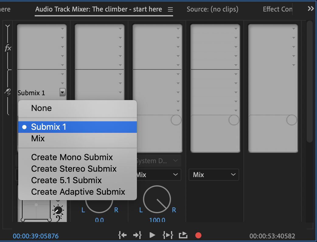Audio track mixer section is open with the options to create and send a new submix. 