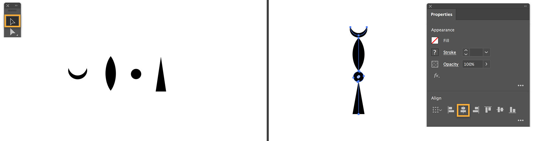 Four black geometric shapes are arranged vertically