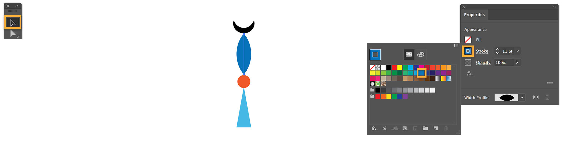 Fill and stroke colors are added to the geometric shapes, then they are grouped together in the Properties panel.