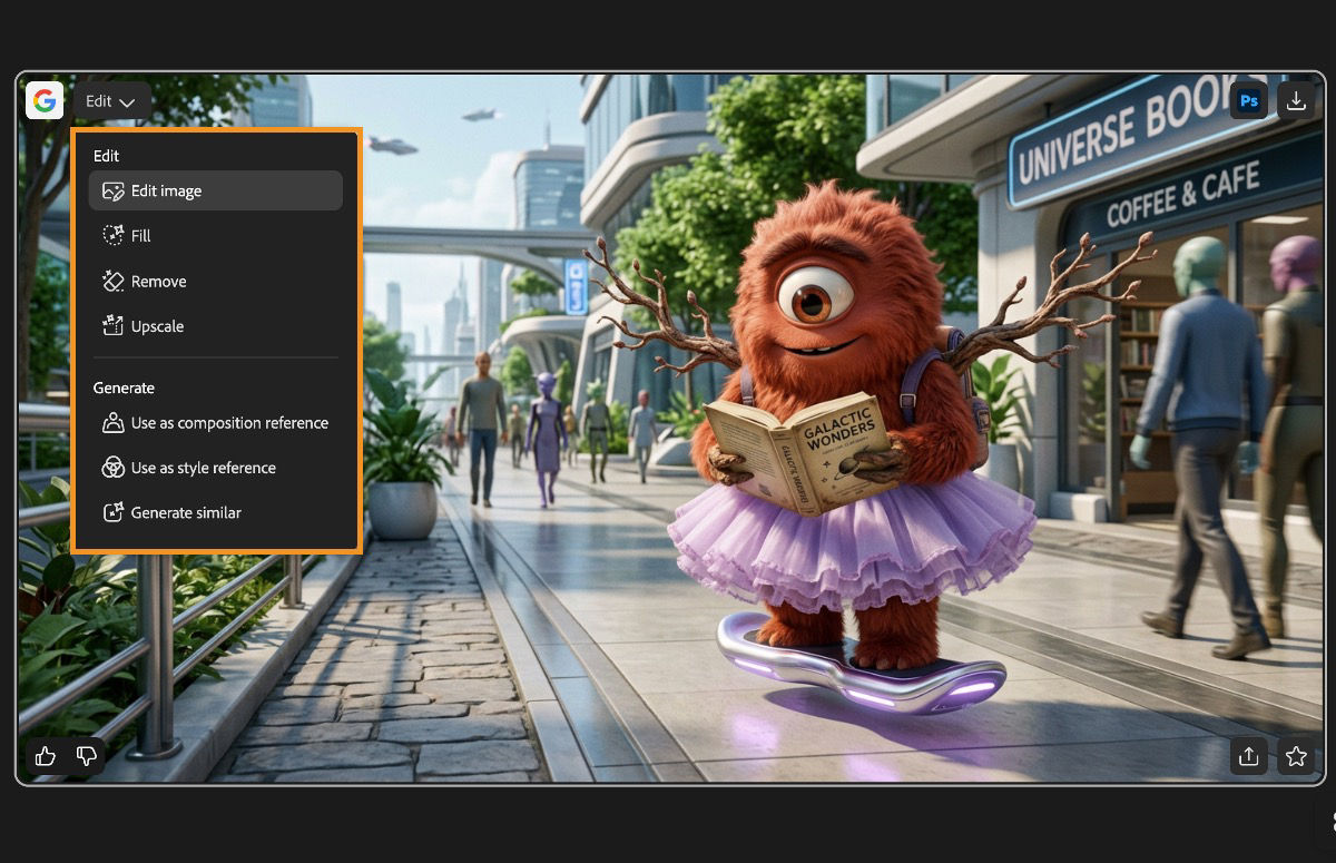 Edit option menu on a generated image displays options such as Edit image, Fill, Remove, Upscale, Use as composition reference, and more.