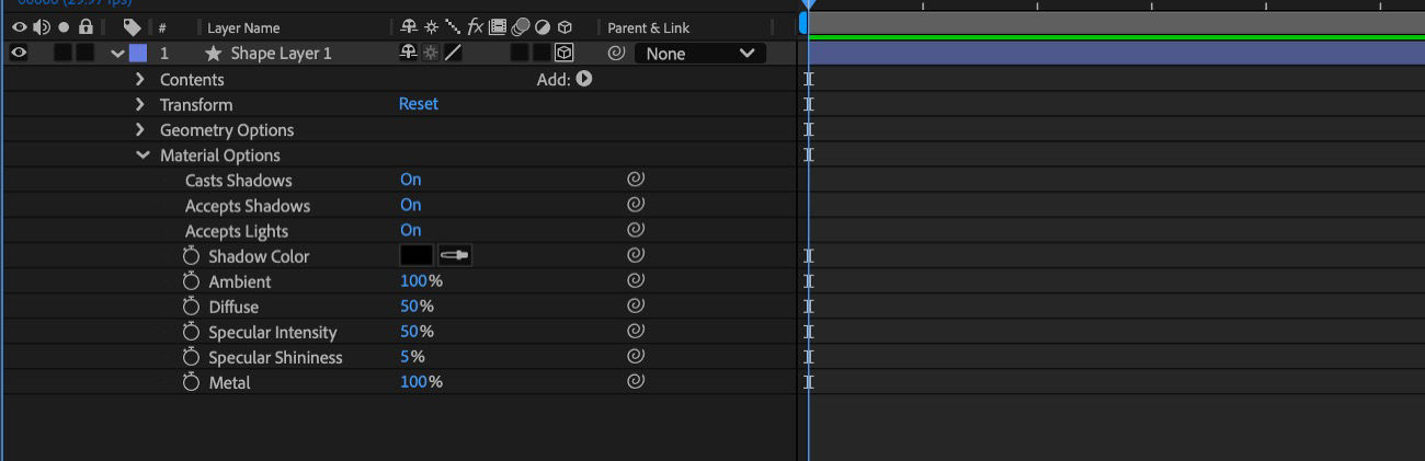 Material Options enabled for a text layer and options expanded to work with Shadows, Ambient, Diffuse, Specular Intensity, Specular Shininess, and Metal.