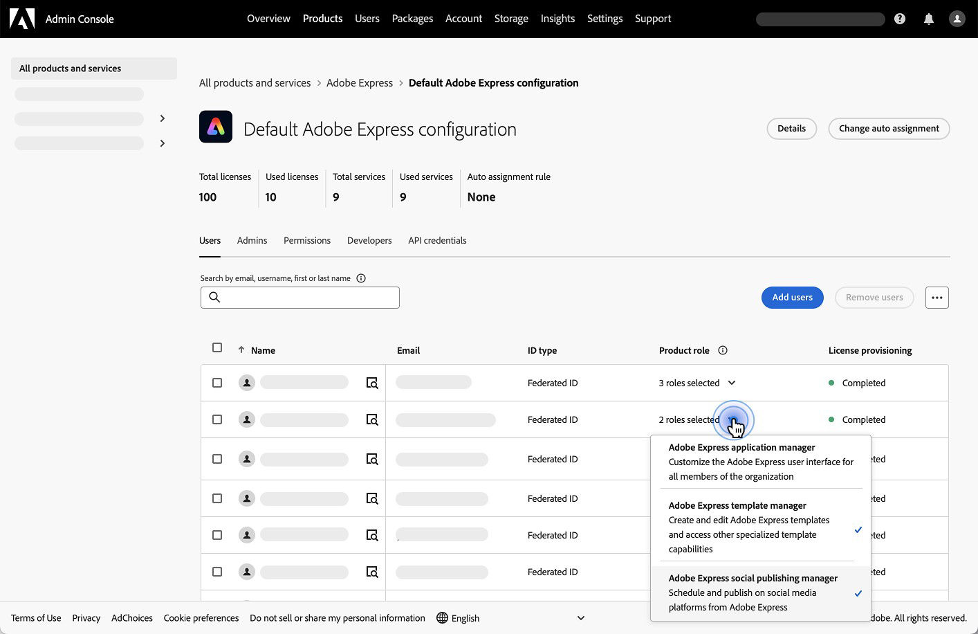 Image displays the "Default Adobe Express configuration" screen in the Admin Console, showing a list of users, their ID types, and a dropdown menu detailing available Product roles: "Adobe Express application manager", "Adobe Express template manager", and "Adobe Express social publishing manager".