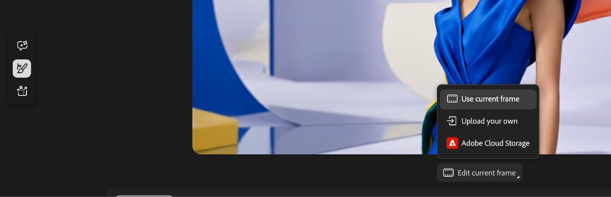 : The Edit frame dropdown menu in Firefly Generate video, showing options to Use current frame, Upload your own, or access Adobe Cloud Storage.