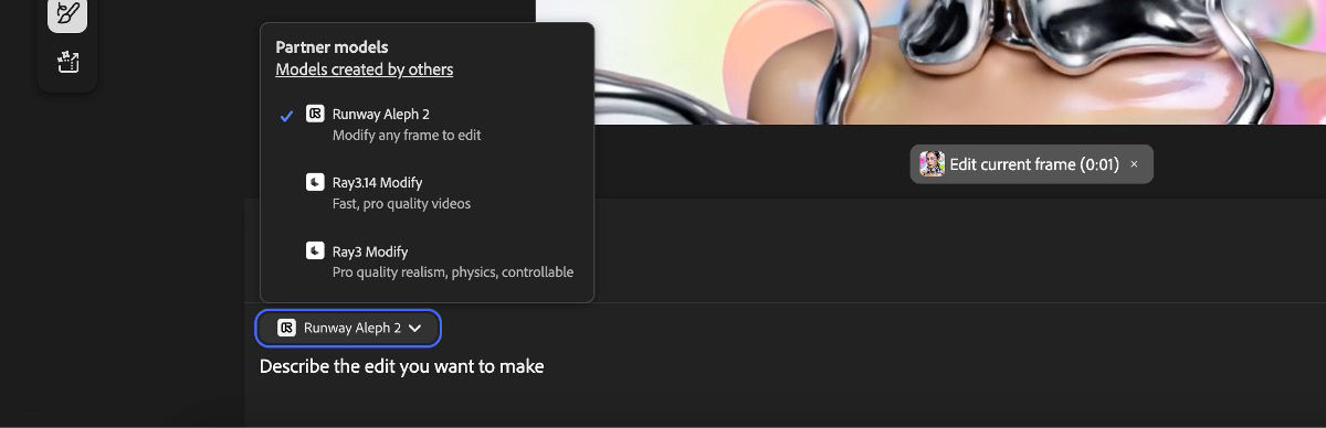 The partner models dropdown in Firefly Generate video showing three options: Runway Aleph 2, Ray3.14 Modify, and Ray3 Modify, with Runway Aleph 2 selected and the Edit current frame indicator active.