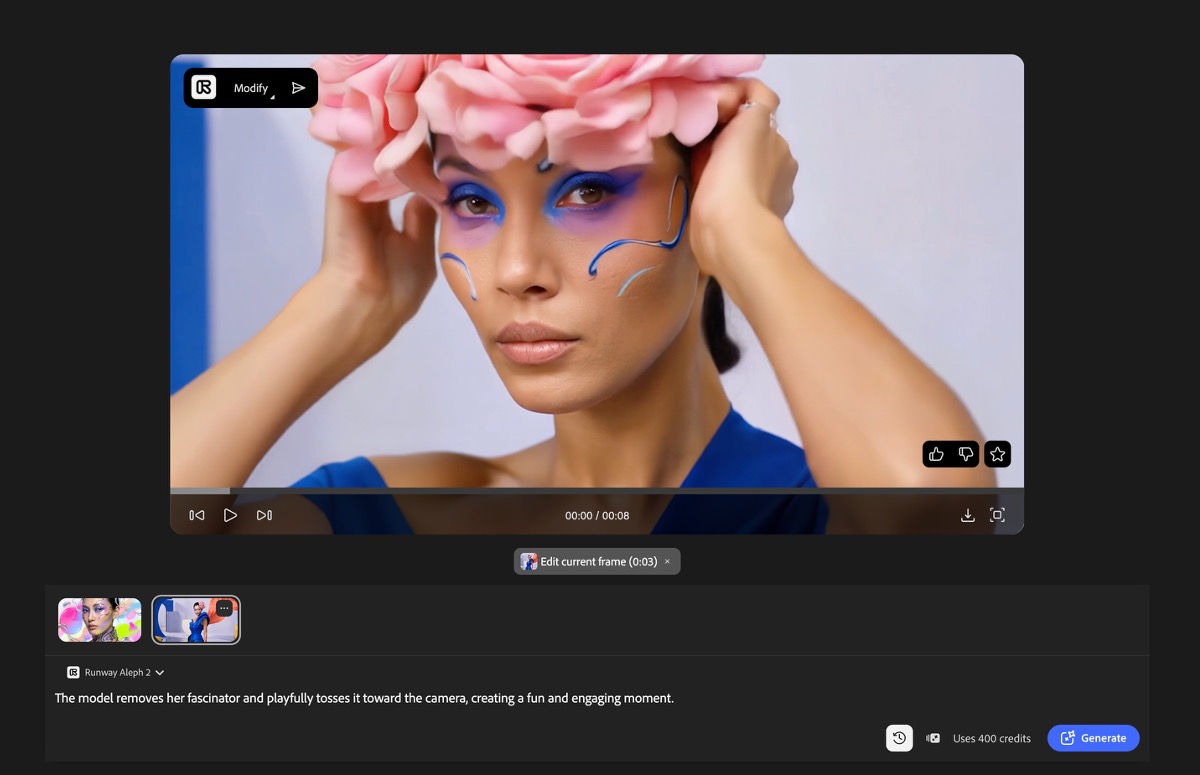 The Firefly Generate video result page showing a generated video in the player with playback controls, two video thumbnails below, the Runway Aleph 2 model selected, a prompt field, a credit usage indicator showing 400 credits, and a Generate button.