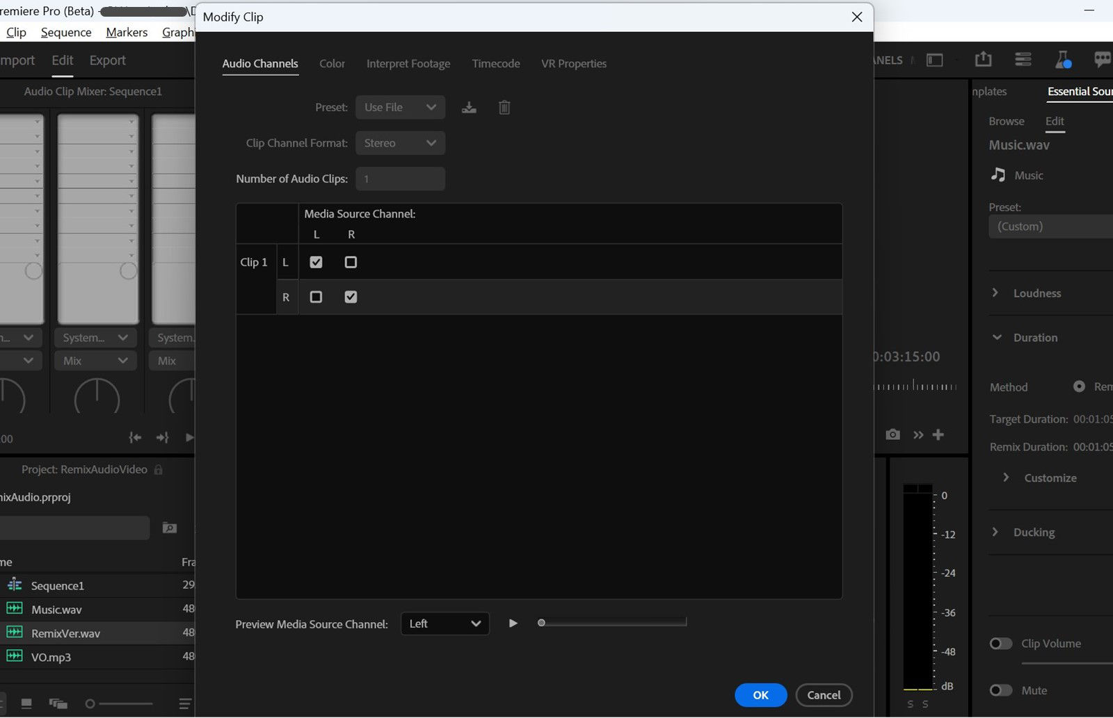 The Modify clip dialog is open and the Audio Channels tab is selected. 