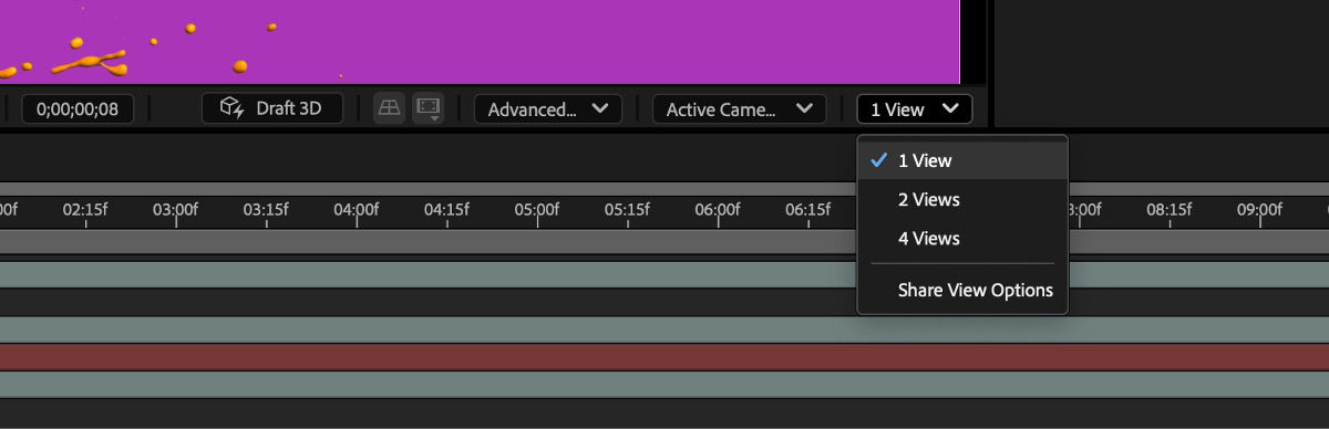 O menu Selecionar layout de exibição na parte inferior do painel Composição aberto, oferecendo uma variedade de opções de layout de exibição para você escolher.