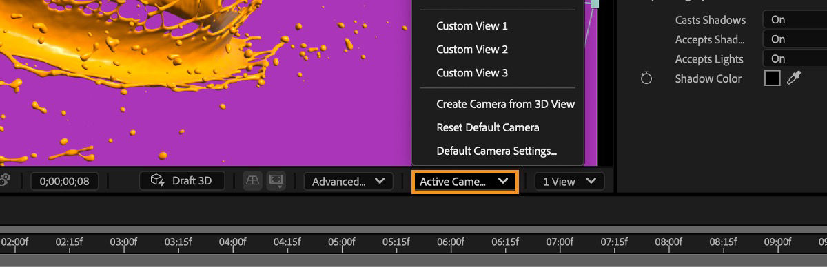 The 3D View menu is open, offering various presets and custom view options to choose from.
