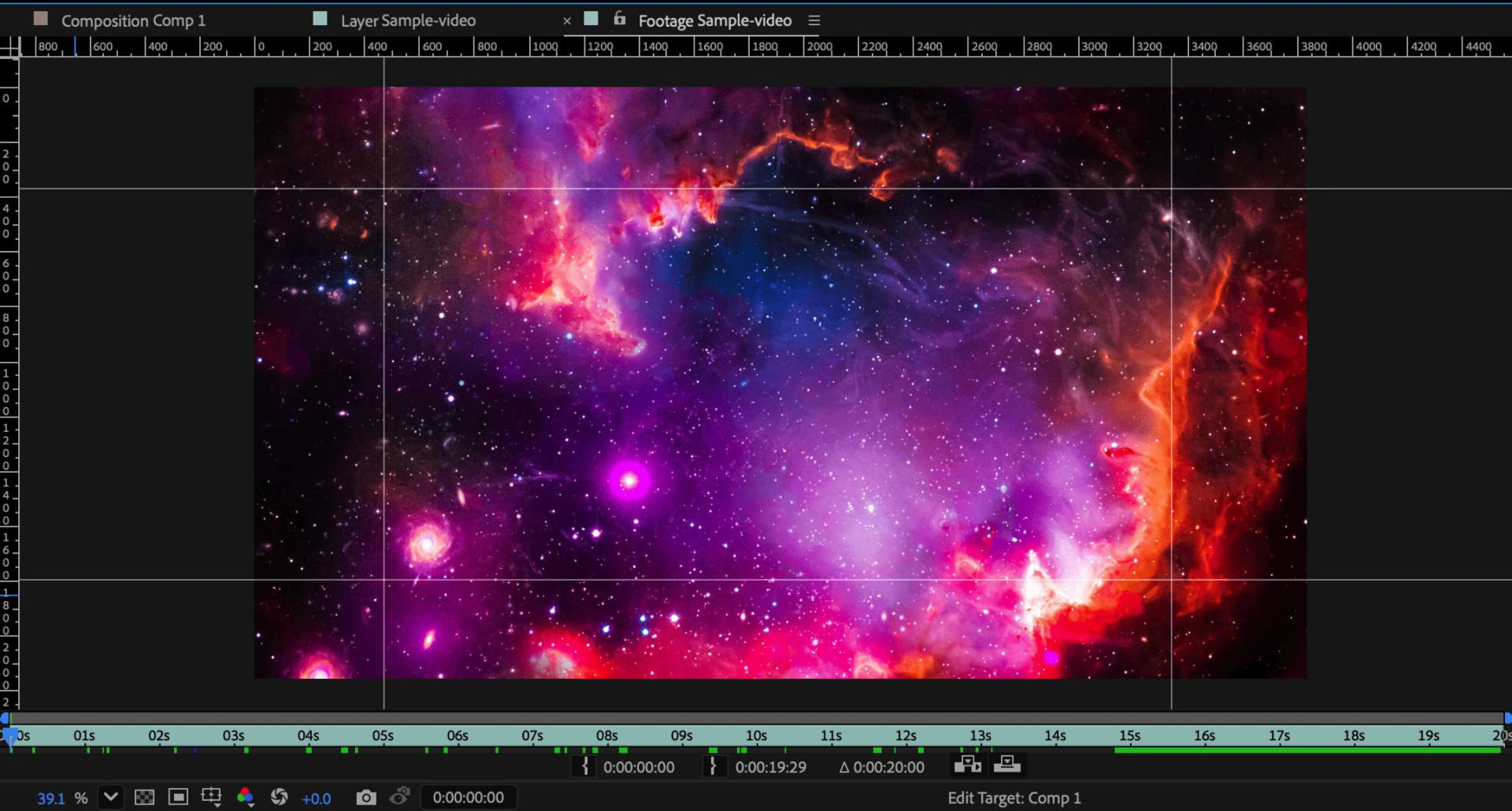 The Footage panel has guides added to it, with the rulers made visible.