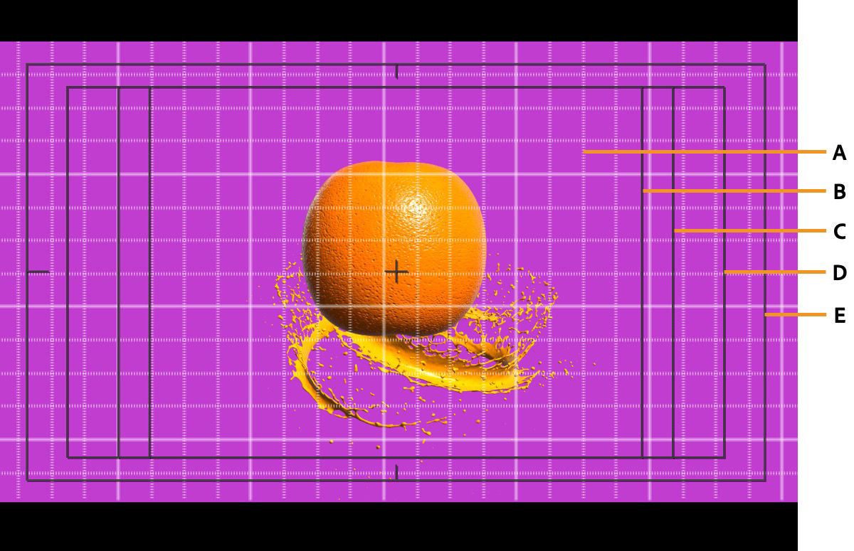 Zonas seguras e grades no painel “Composição”.