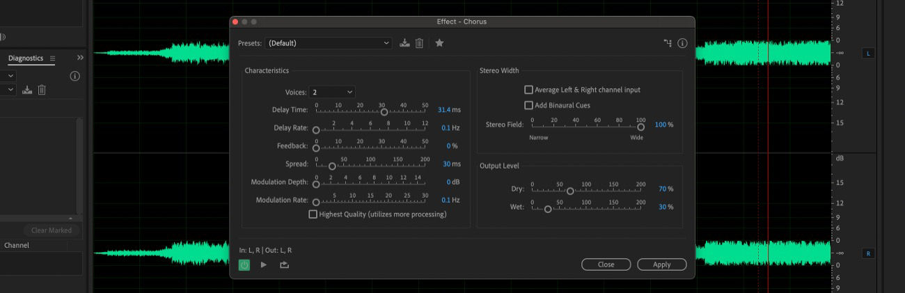 The Chorus dialog box is open, and options such as Voices, Delay Time, Delay Rate, and Feedback are available to adjust the selected clip.