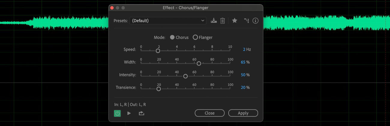 The Chorus/Flanger effect dialog box is open, and options such as Speed, Width, Intensity, and Transience are available to adjust the selected audio clip.