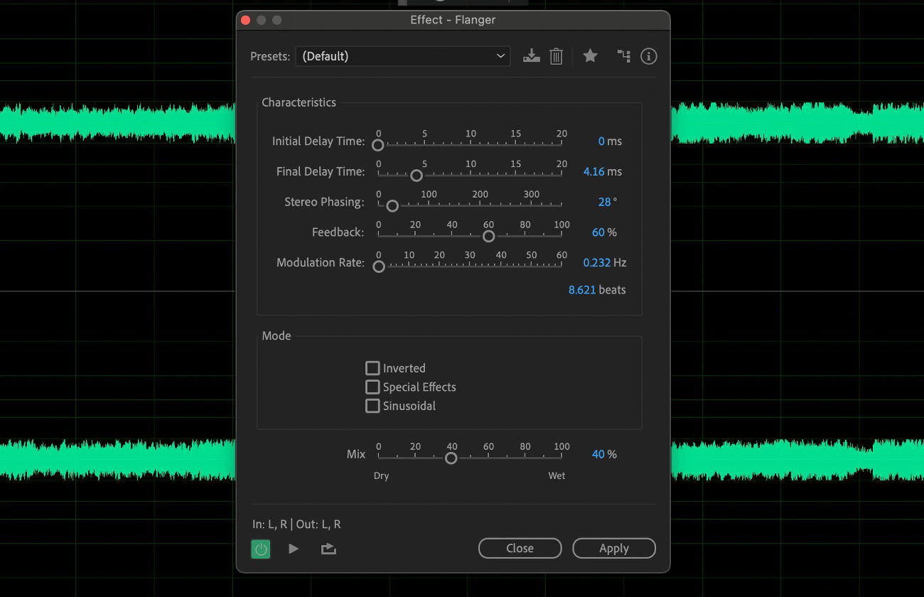 The Flanger effect dialog box is open, with the Characteristics and Mode sections for adjusting the settings of the selected audio clip.