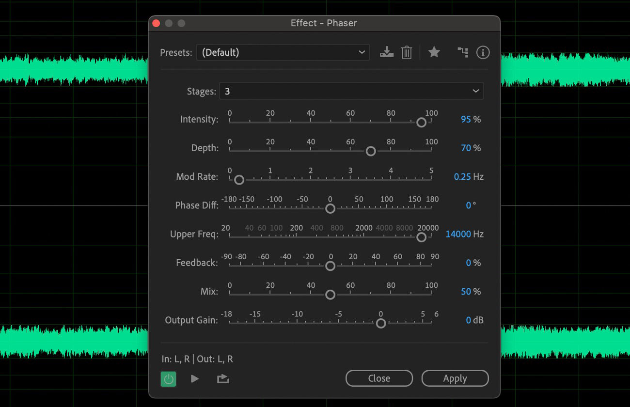 The Phaser effect dialog box is open, with settings such as Intensity, Depth, Mod Rate, Phase Diff, and more to modify the selected audio clip.