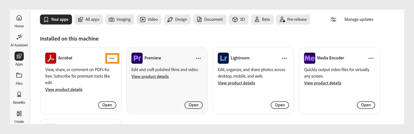 The All apps tab showing all Creative Cloud apps with the three dots button for each app. 