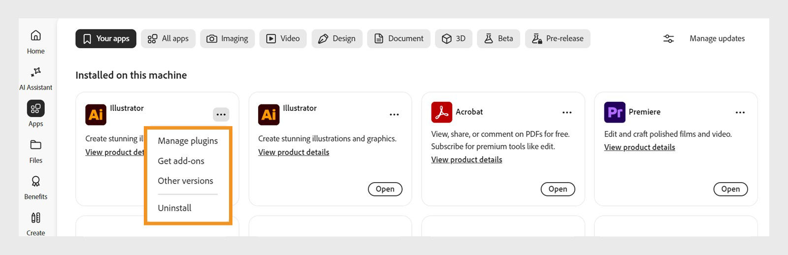The More actions menu provides options to manage installed apps, including plugins, app versions, downloads, and uninstall settings.