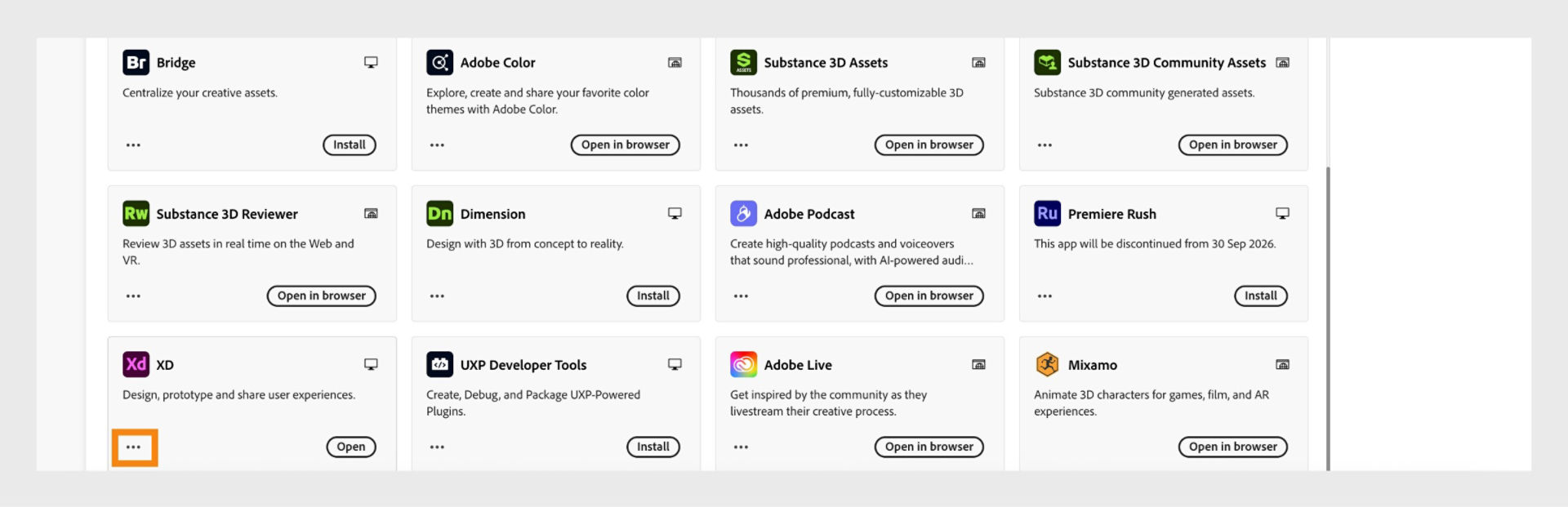 The All apps tab showing all Creative Cloud apps with the three dots button for each app.