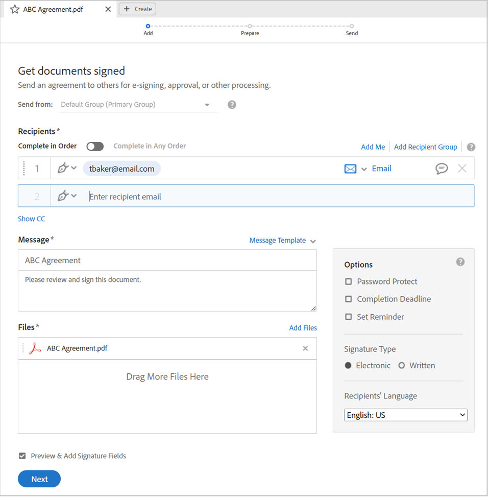 Set advanced options for agreeement signing.