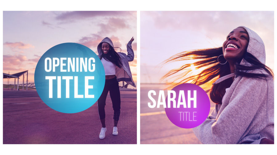 Two images. Left: a title graphic over an image of a woman dancing. Right: a lower-third graphic over a close-up of the same woman