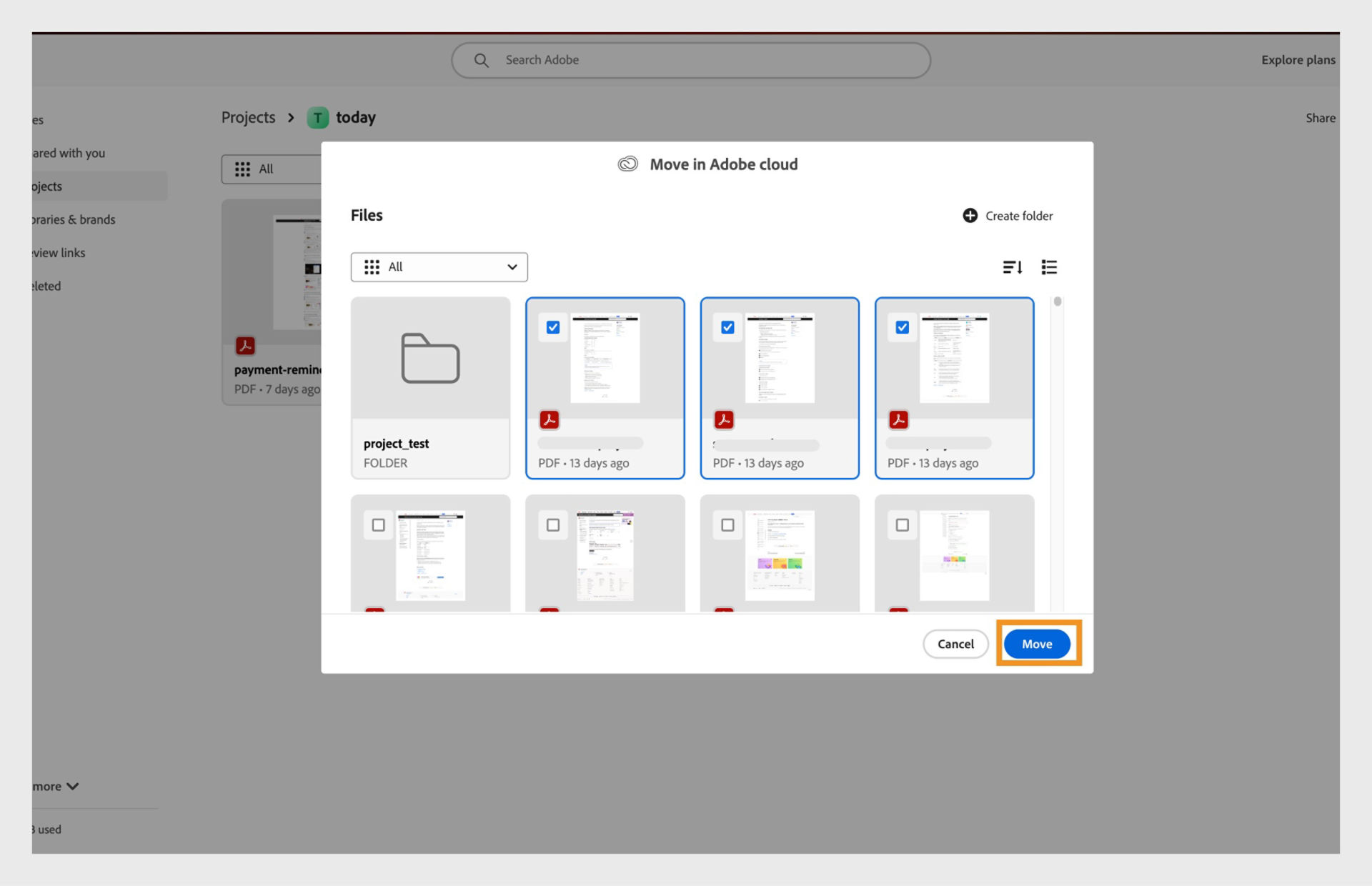 Adobe interface showing several PDF files selected with the option to move them into the folder “project_test.”