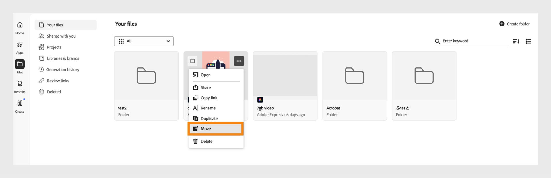 Adobe web interface showing a file’s options menu open, with the Move option highlighted for relocating the selected document.