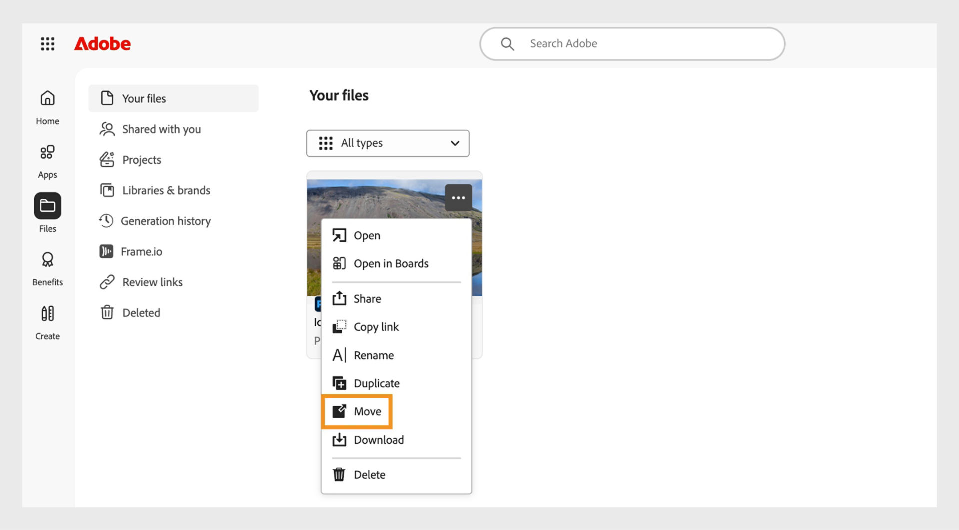 Adobe web interface showing a file’s options menu open, with the Move option highlighted for relocating the selected document.
