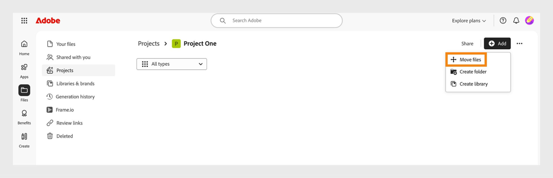 Adobe interface showing the “Projects” workspace. The “Add” menu is expanded with the option “Move files” highlighted, alongside “Create folder” and “Create library.”