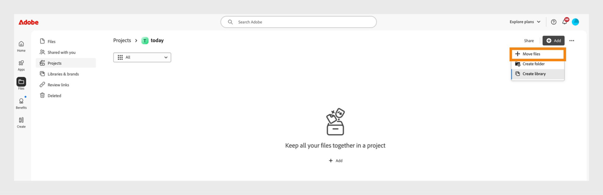 Adobe interface showing the “Projects” workspace. The “Add” menu is expanded with the option “Move files” highlighted, alongside “Create folder” and “Create library.”
