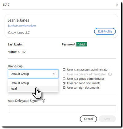 Group Setting for a User in the User Info Panel