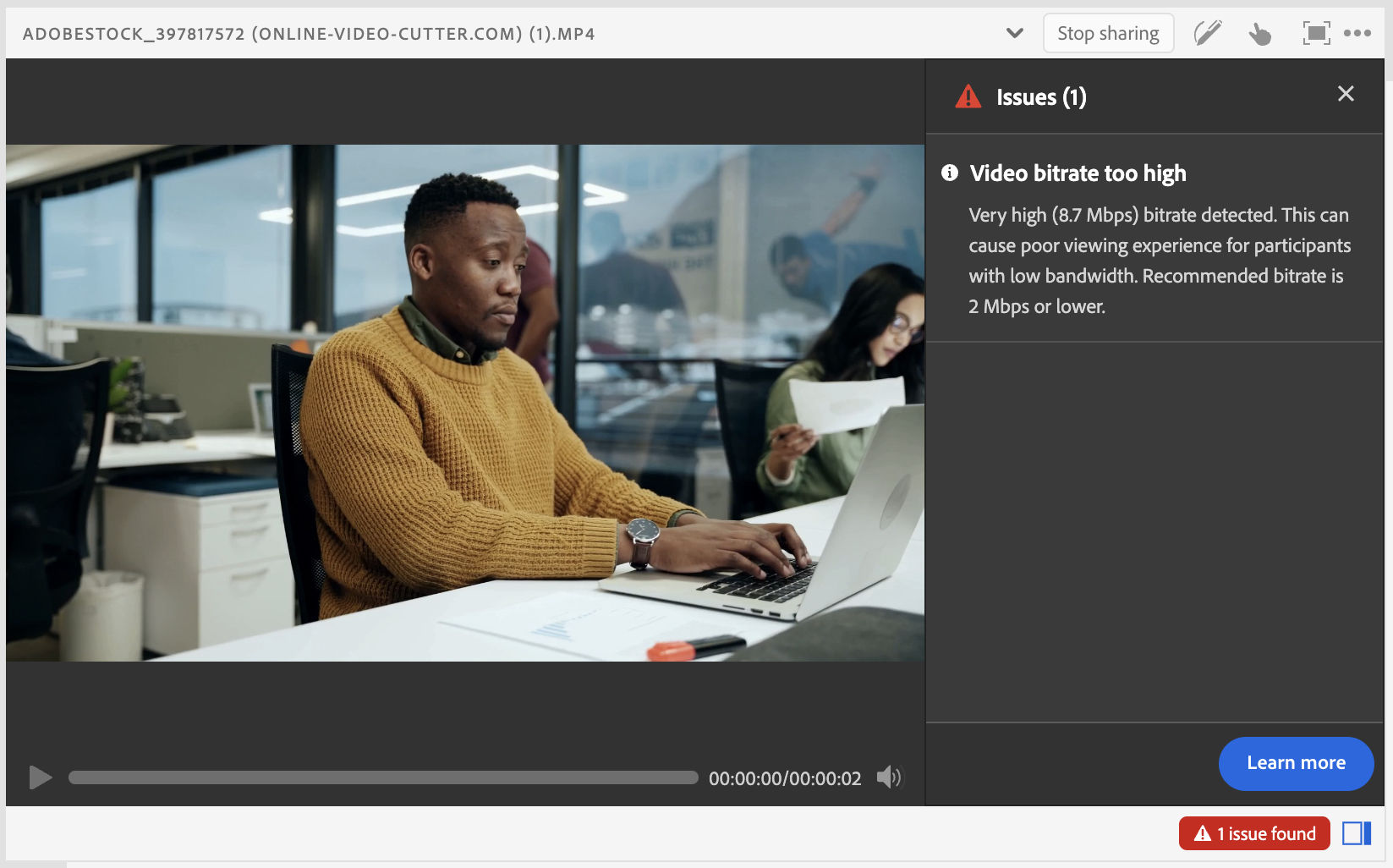 Mensaje de advertencia si la velocidad de bits de MP4 es superior a 2 Mbps.